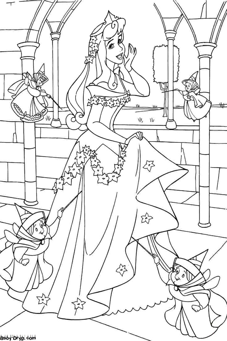 Coloring page Aurora with fairies | Coloring Princess