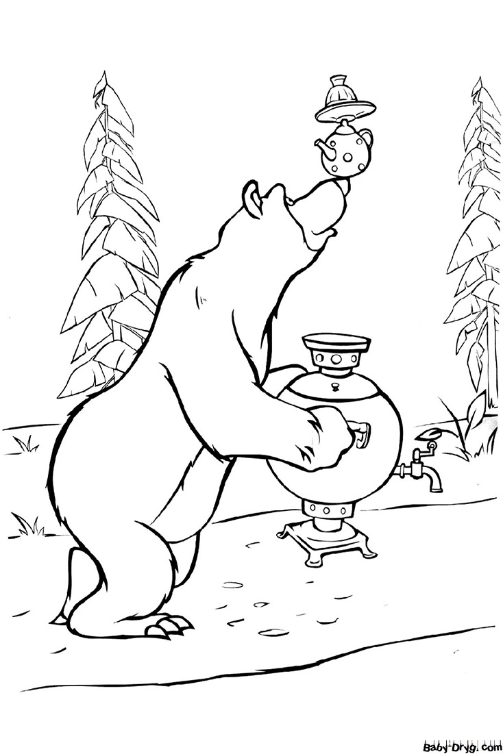 Coloring page Bear and samovar | Coloring Masha and the Bear