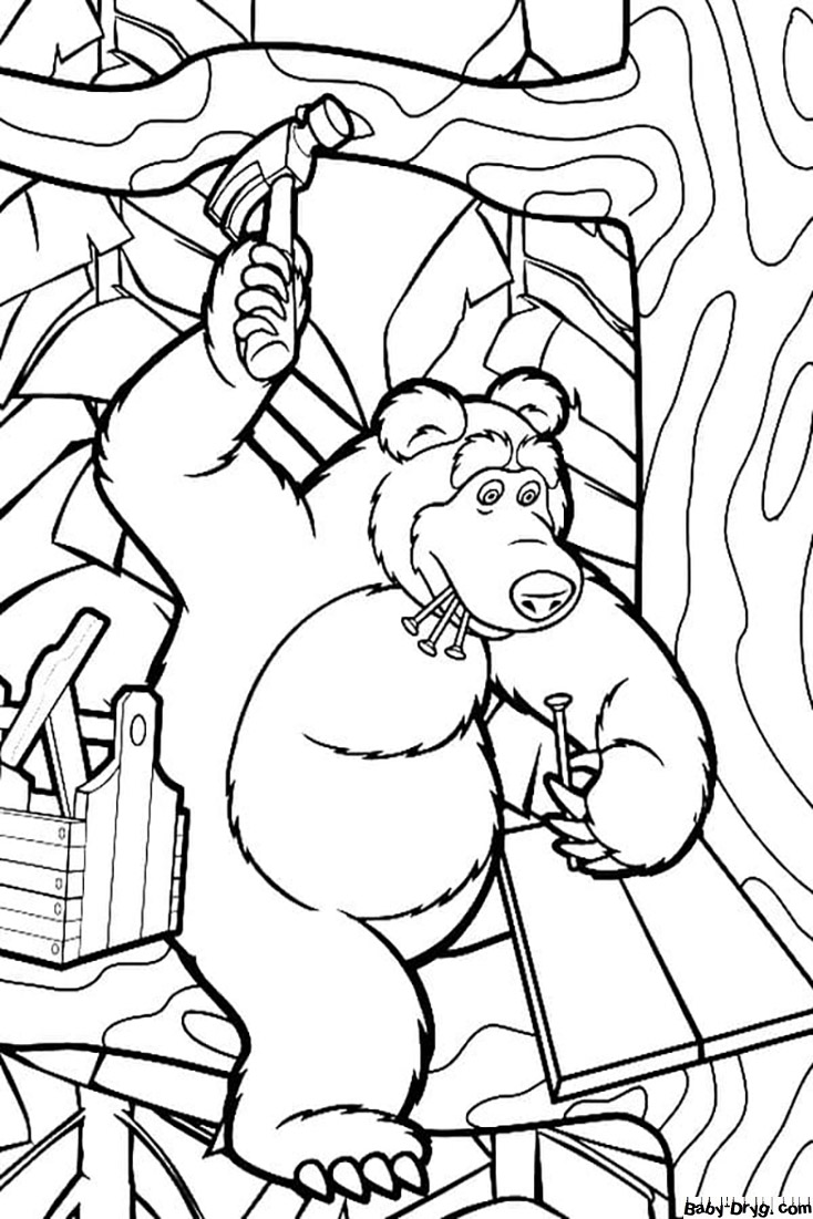 Coloring page Bear builds a birdhouse | Coloring Masha and the Bear