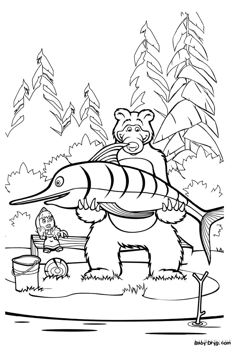 Coloring page Bear caught a huge fish | Coloring Masha and the Bear