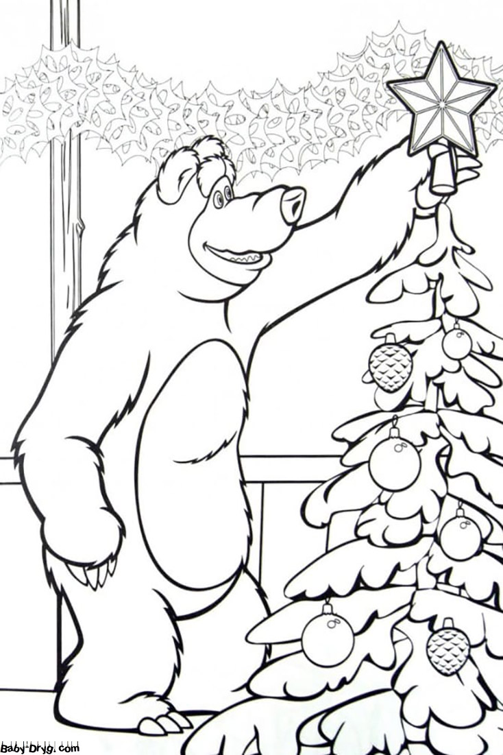 Coloring page Bear decorating a Christmas tree | Coloring Masha and the Bear