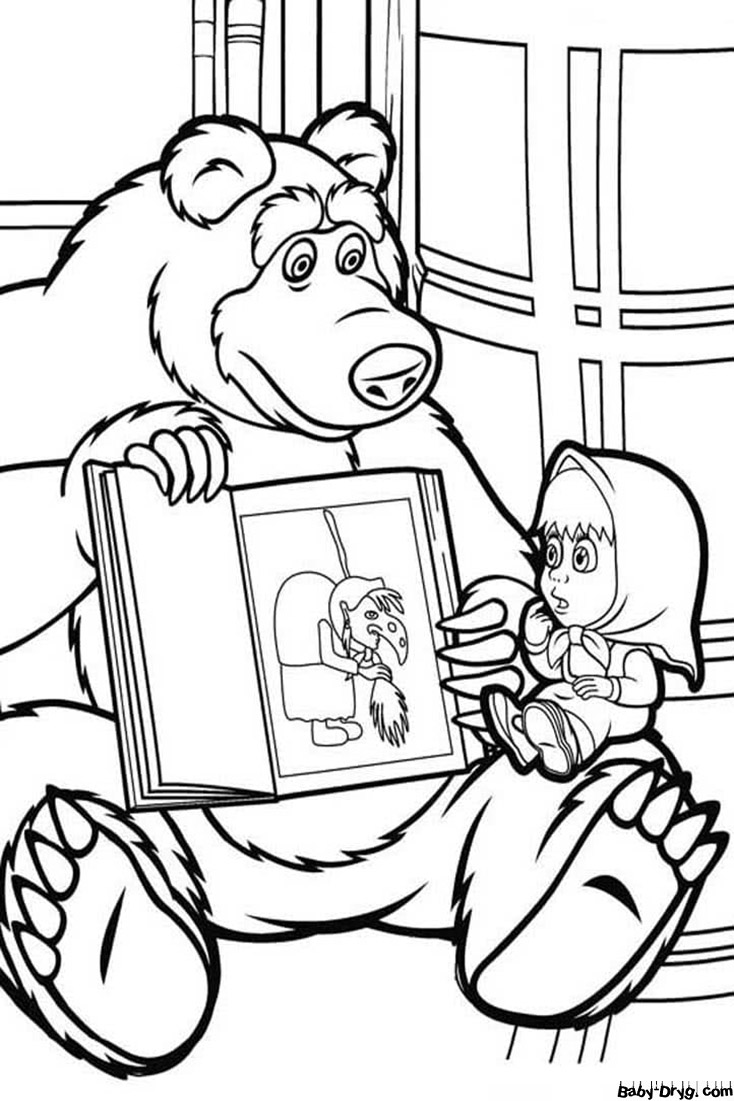 Coloring page Bear reading a fairy tale to Mashenka | Coloring Masha and the Bear