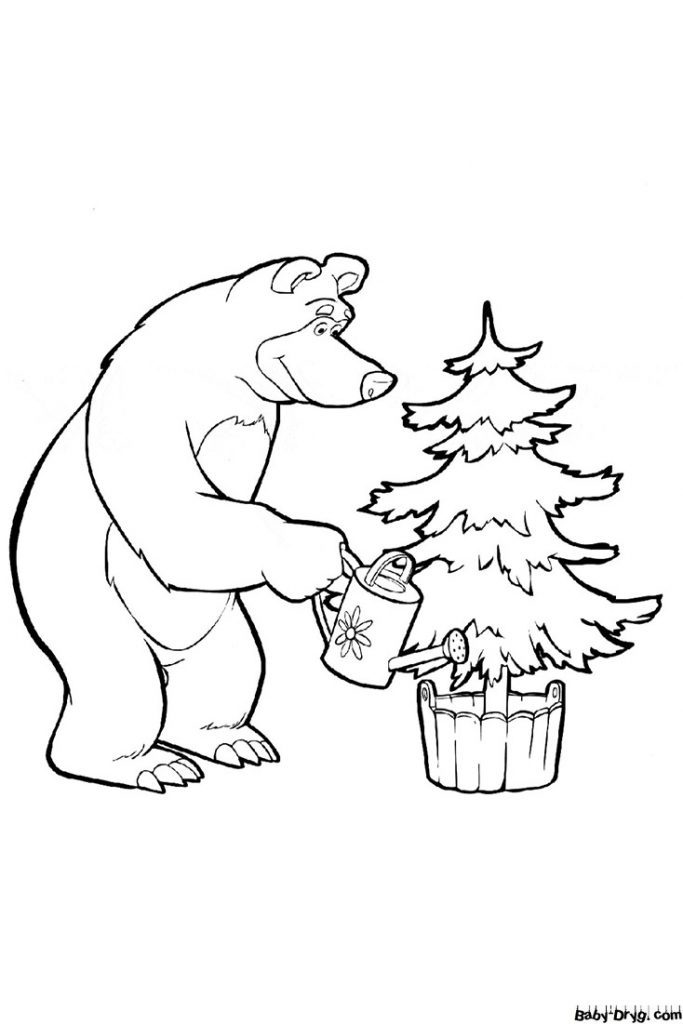 Coloring page Bear watering the Christmas tree | Coloring Masha and the Bear
