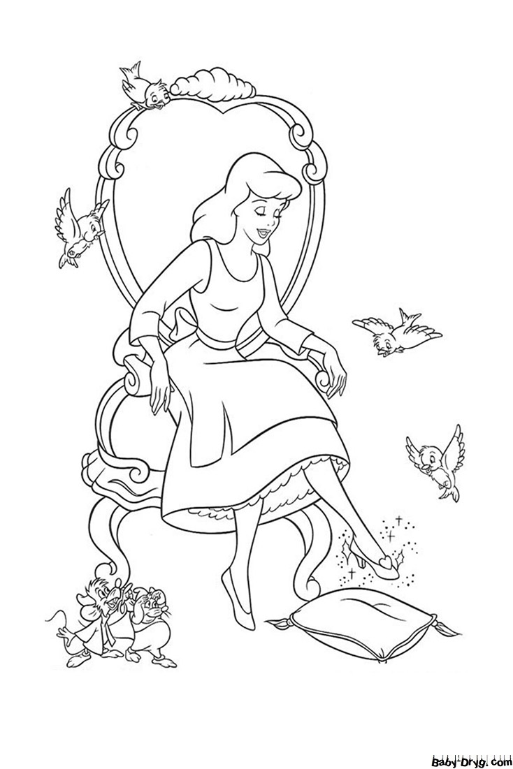 Coloring page Cinderella trying on her slipper | Coloring Princess