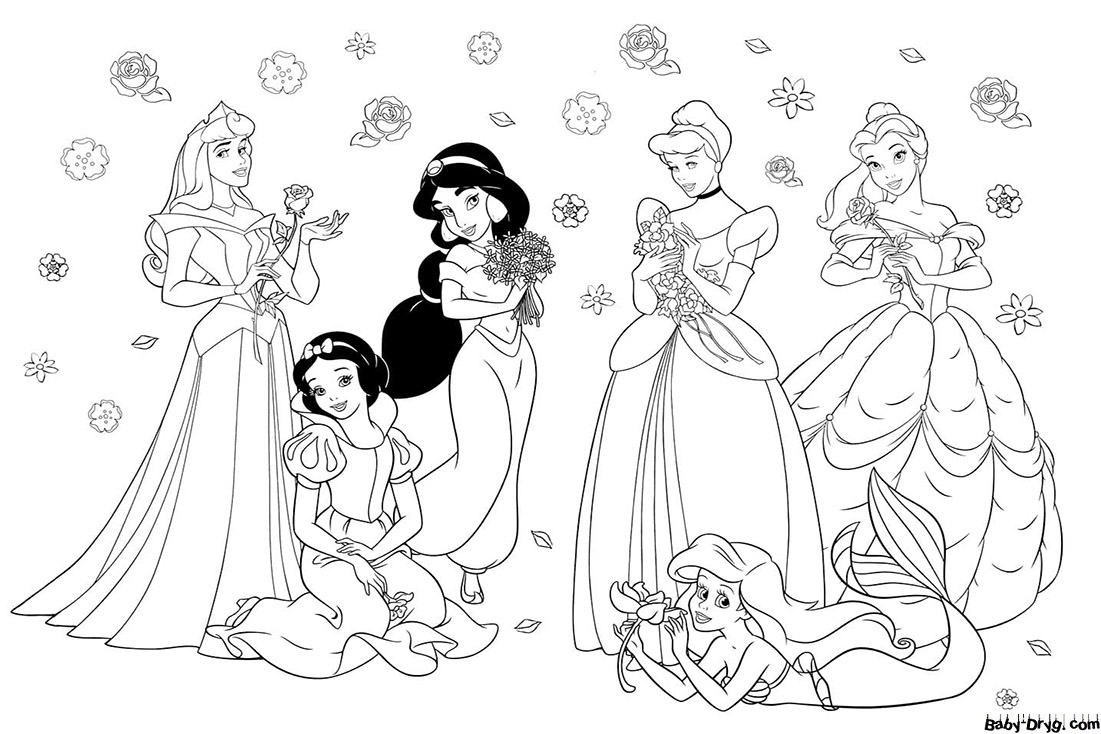 Coloring page Disney princesses with flowers | Coloring Princess