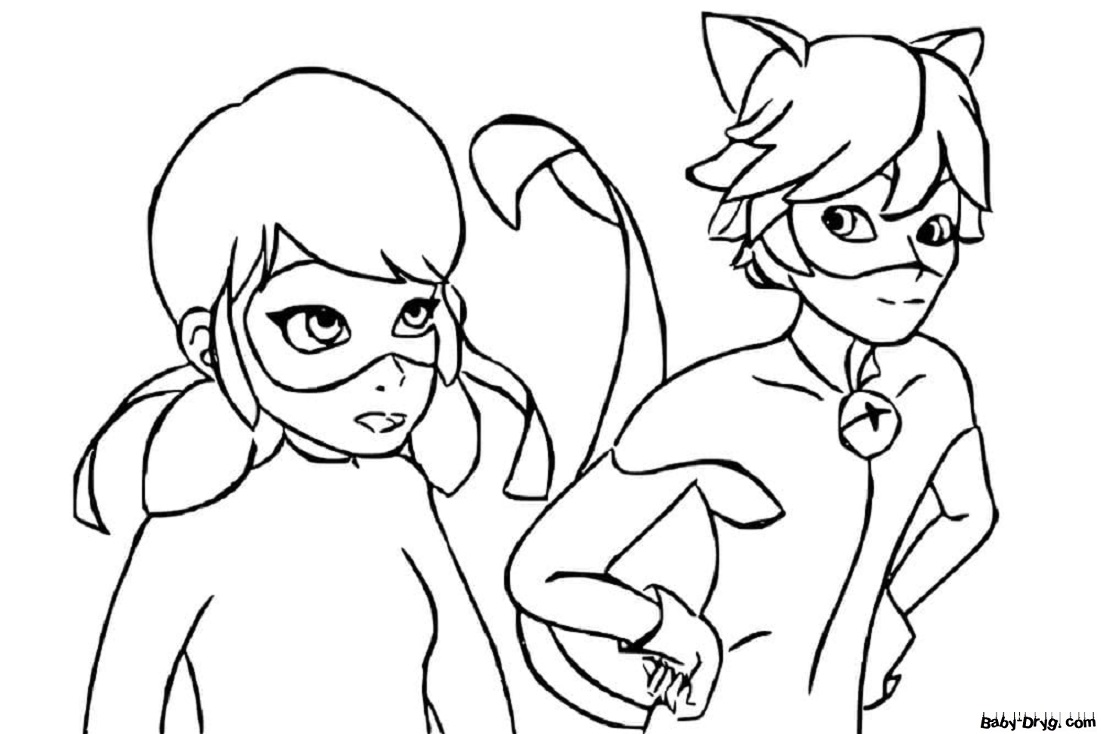 Coloring page Draw the black spots on Ladybug's costume, then color | Coloring Ladybug and Cat Noir