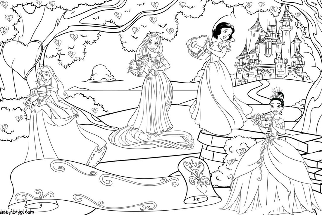 Coloring page Four Disney princesses | Coloring Princess