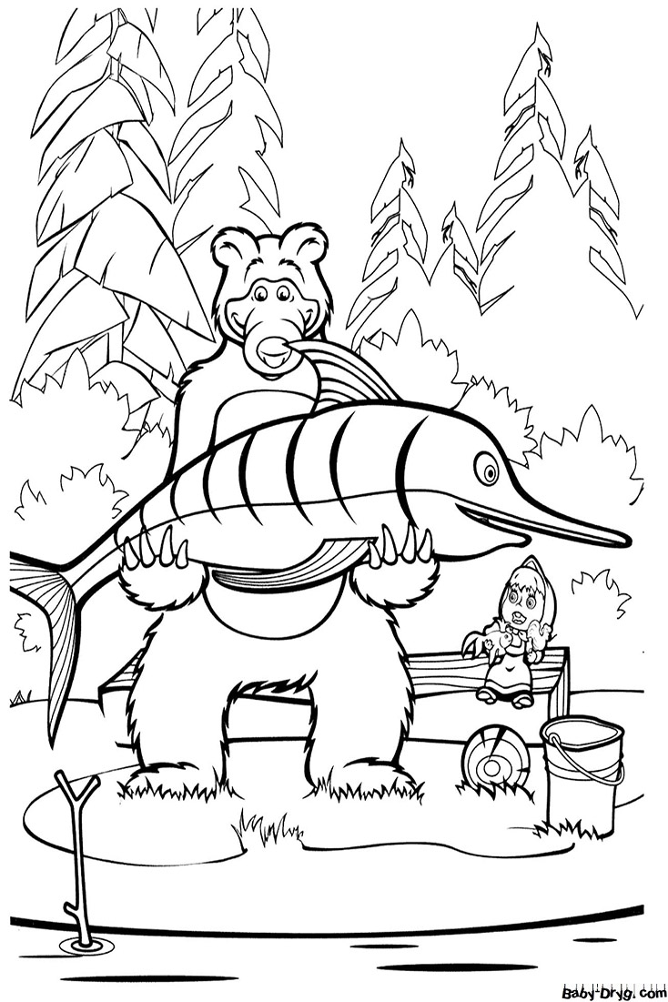 Coloring page Great catch | Coloring Masha and the Bear