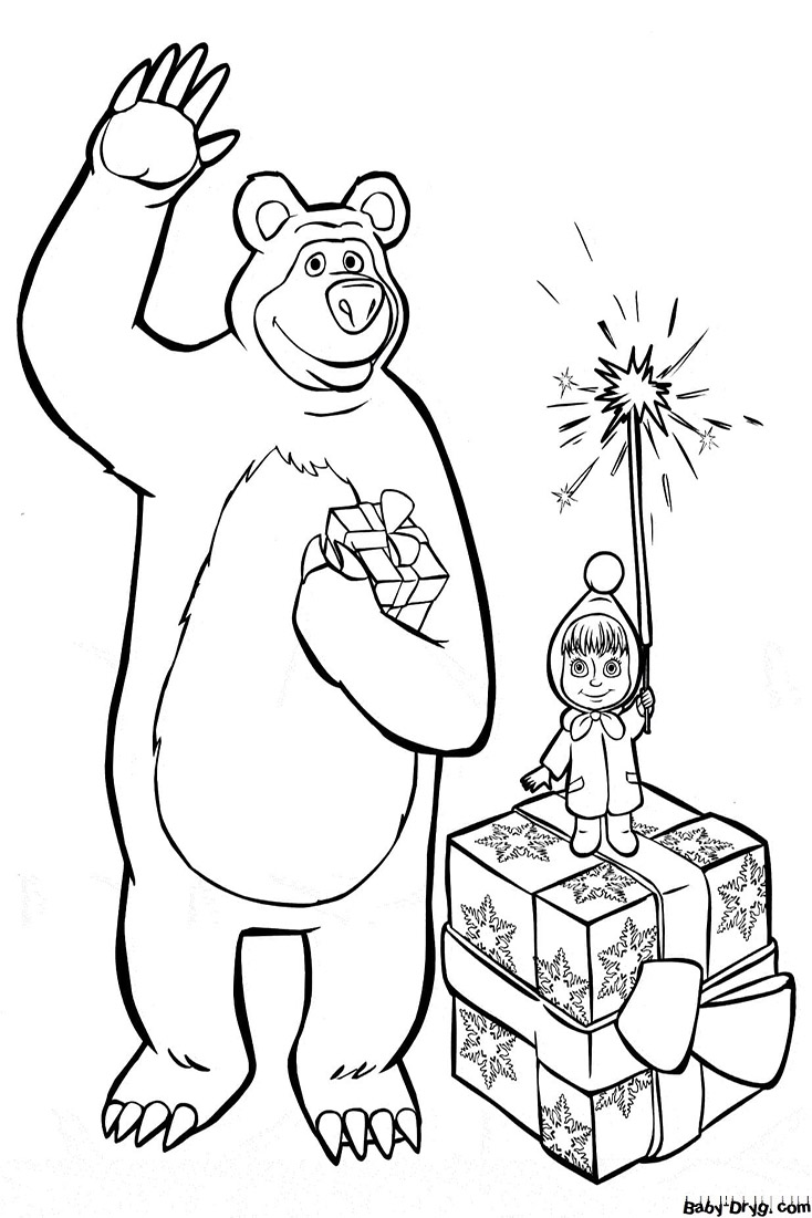 Coloring page Happy New Year | Coloring Masha and the Bear