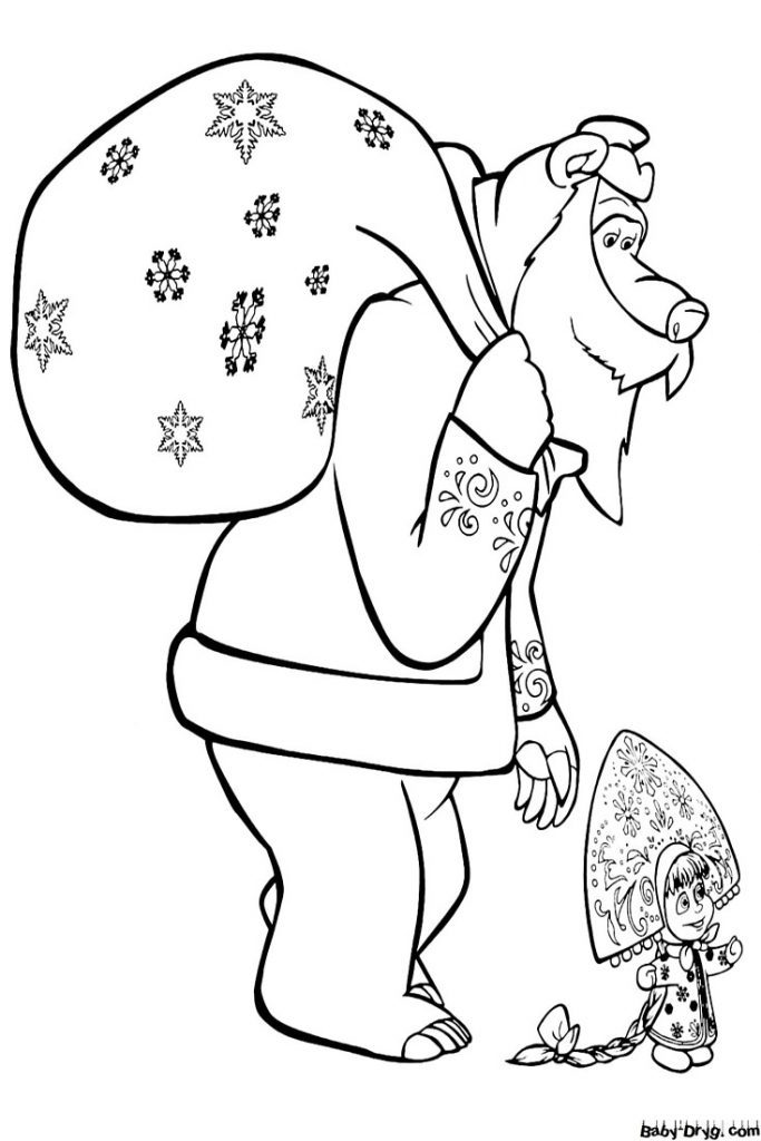 Coloring page In the costumes of Santa Claus and the Snow Maiden | Coloring Masha and the Bear