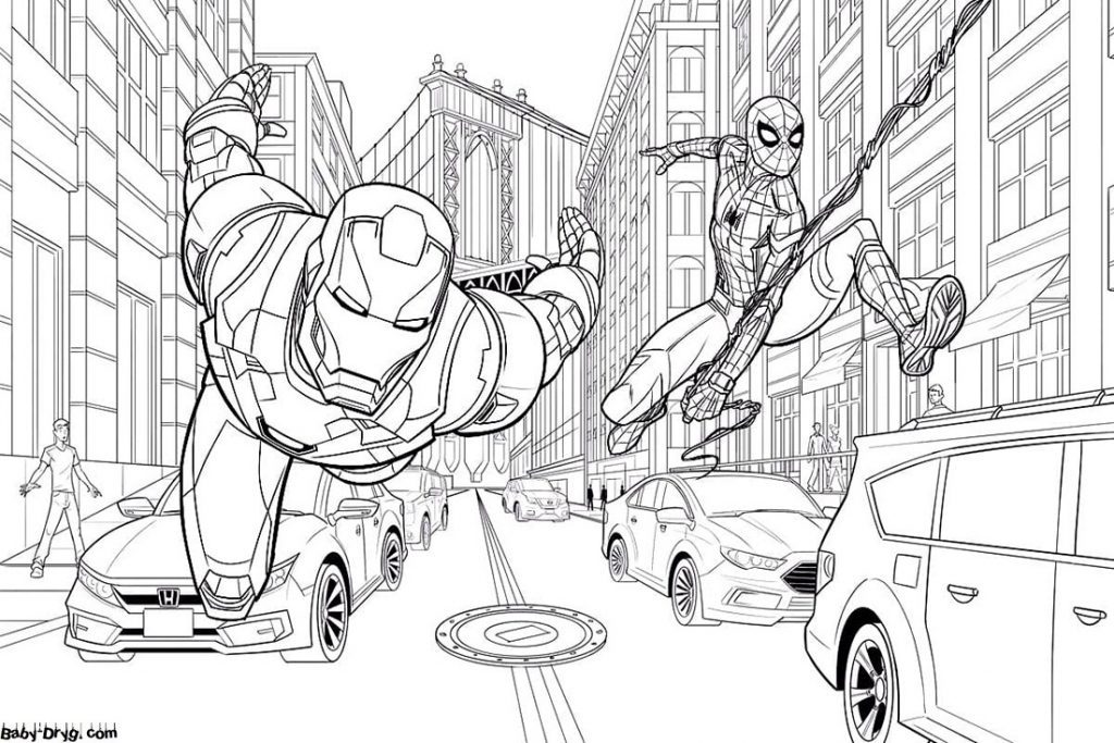 Coloring page Iron Man and Spider-Man rush to the rescue | Coloring Spider-Man