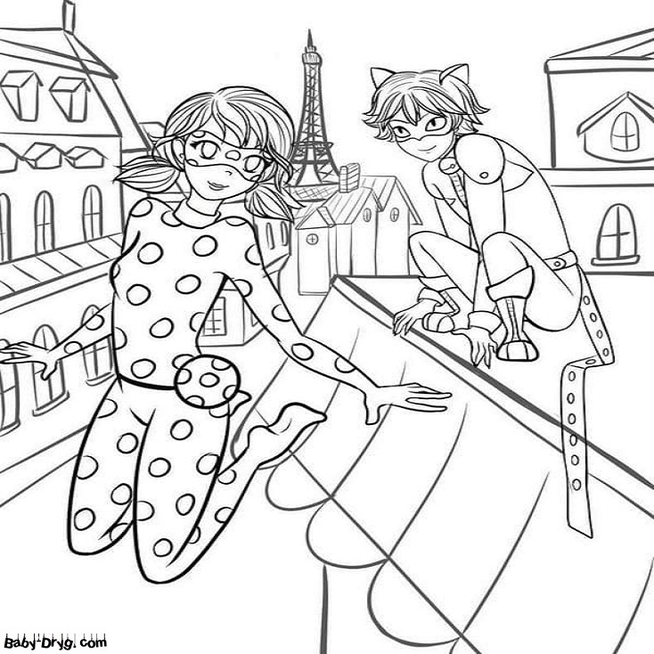 Coloring page Ladybug moves on rooftops | Coloring Ladybug and Cat Noir