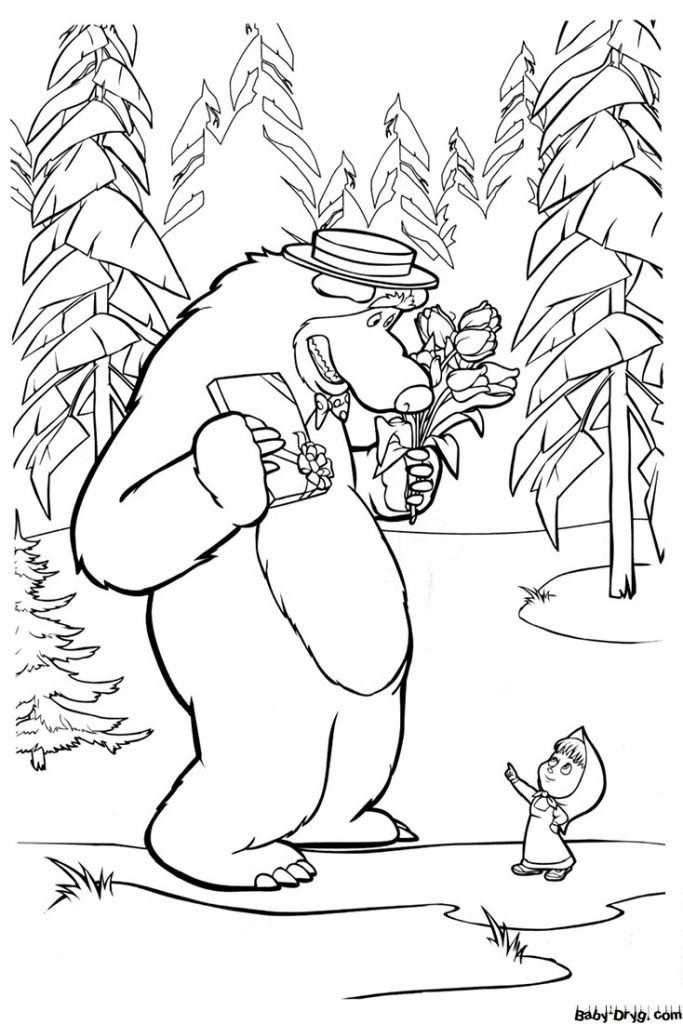 Coloring page March 8 with Masha and the Bear | Coloring Masha and the Bear
