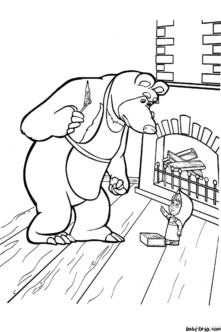 Coloring page Masha and the Bear are stoking the fireplace | Coloring Masha and the Bear