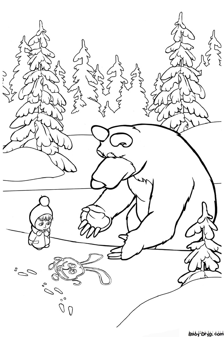 Coloring page Masha and the Bear drawing in the snow | Coloring Masha and the Bear