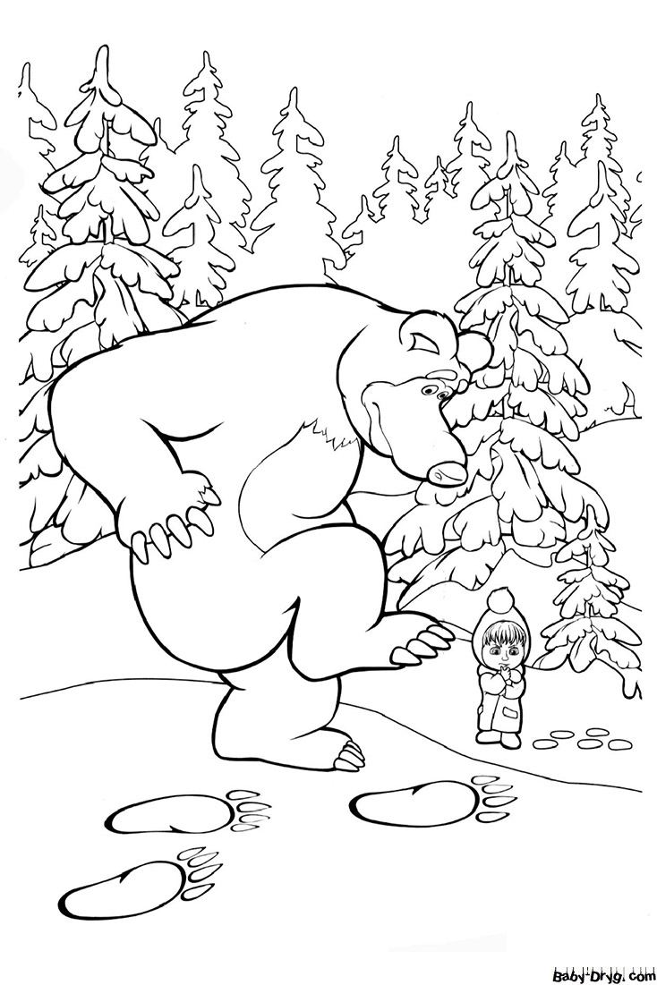 Coloring page Masha and the bear look at the traces | Coloring Masha and the Bear