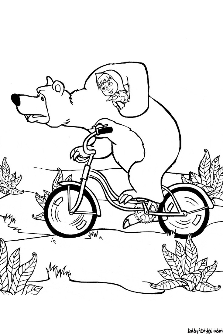 Coloring page Masha and the Bear on a Bike | Coloring Masha and the Bear
