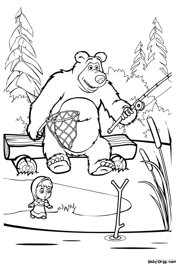 Coloring page Masha and the Bear on Fishing | Coloring Masha and the Bear