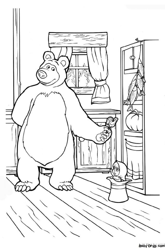Coloring page Masha and the Bear with a candy | Coloring Masha and the Bear