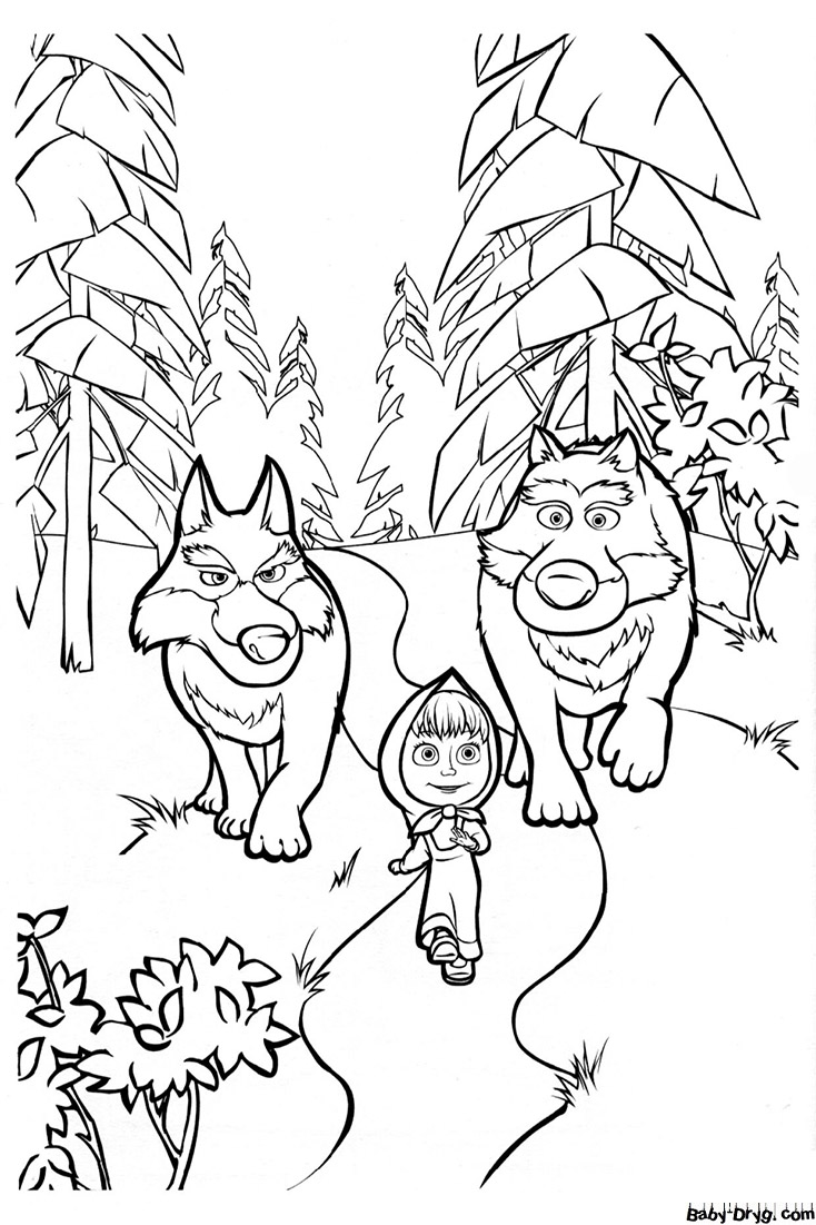 Coloring page Masha and wolves | Coloring Masha and the Bear