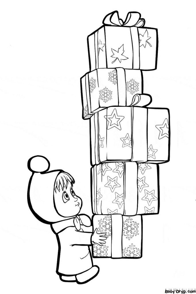 Coloring page Masha carrying boxes of gifts | Coloring Masha and the Bear