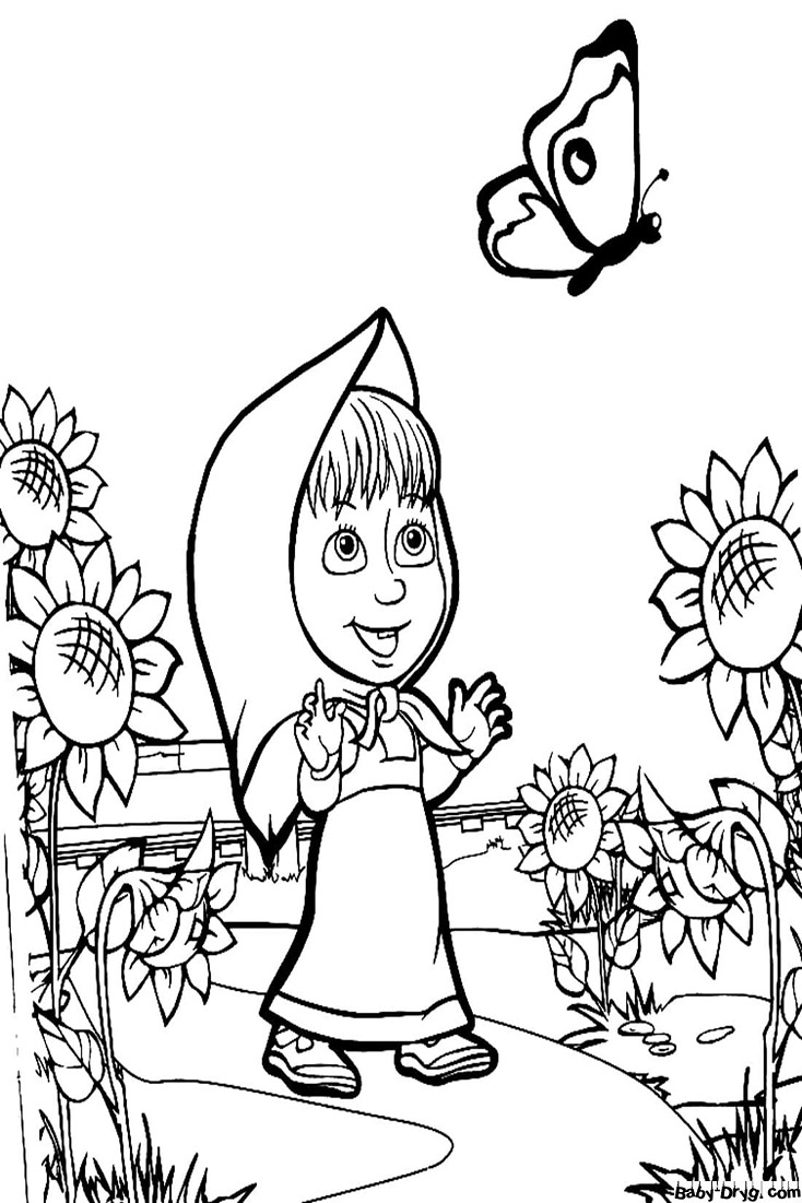 Coloring page Masha catches a butterfly | Coloring Masha and the Bear