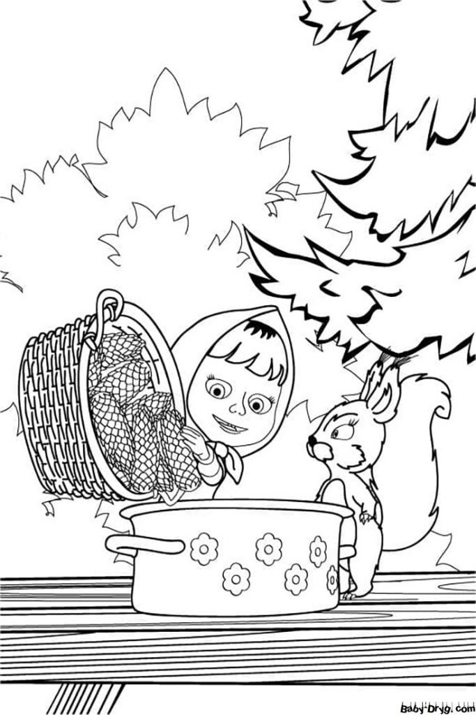 Coloring page Masha teaches the squirrel to cook | Coloring Masha and the Bear