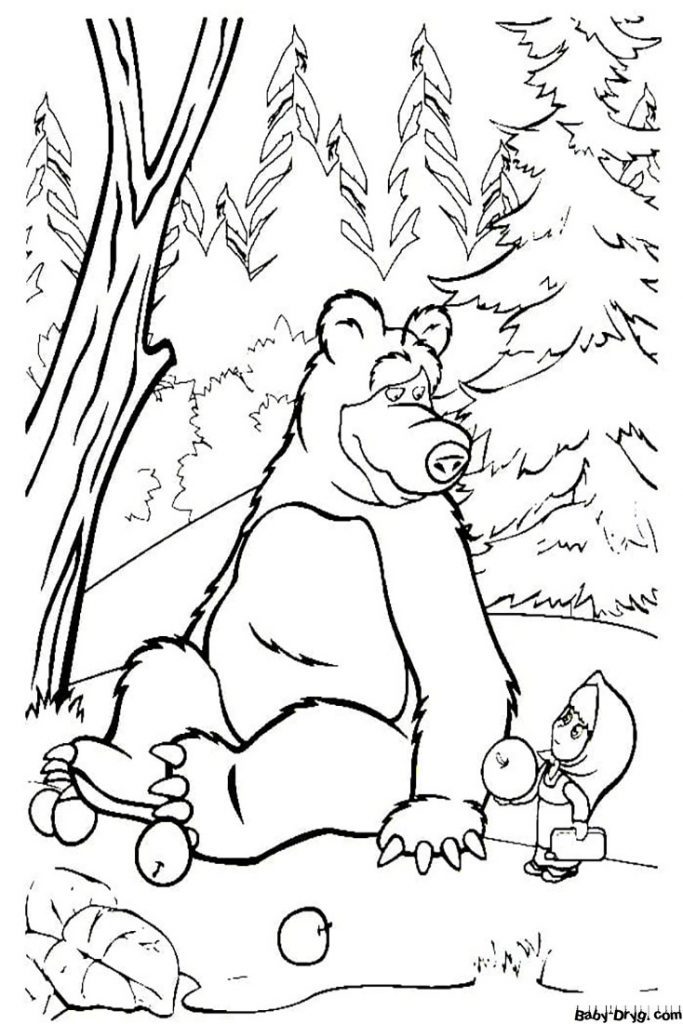 Coloring page Masha treated Bear with an apple | Coloring Masha and the Bear