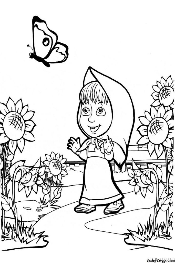 Coloring page Masha wants to catch a butterfly | Coloring Masha and the Bear