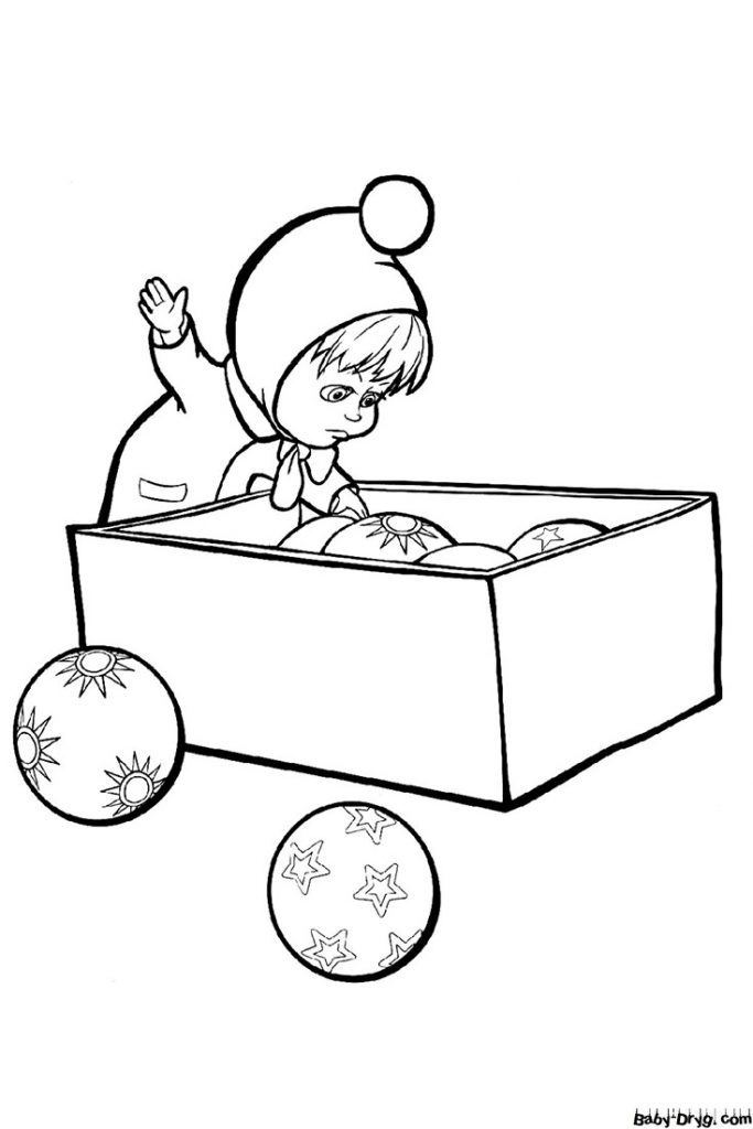Coloring page Masha with a box of Christmas toys | Coloring Masha and the Bear