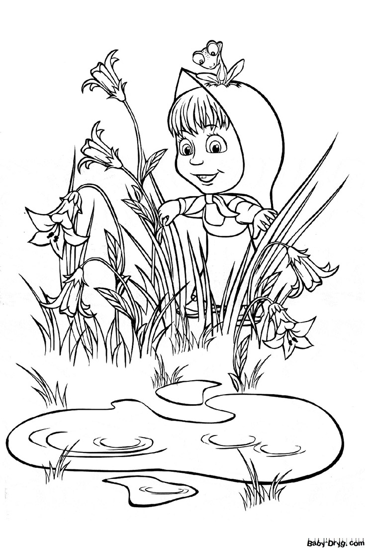 Coloring page Masha with a frog on her head | Coloring Masha and the Bear