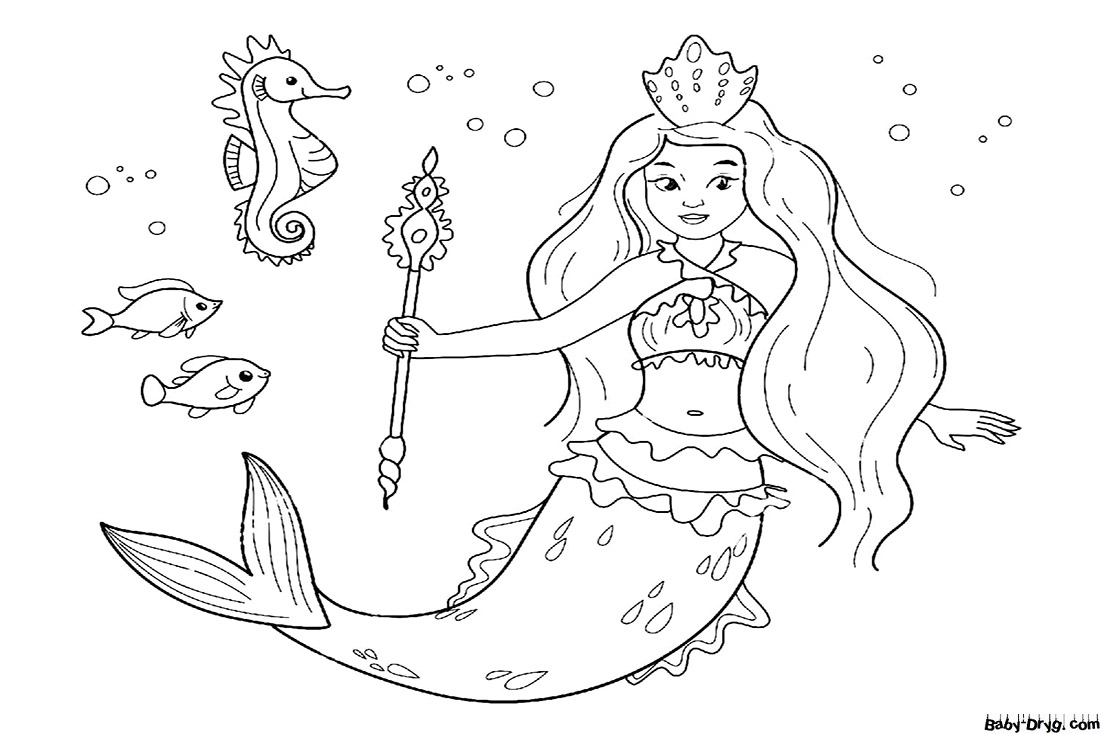 Coloring page Mermaid with crown and staff | Coloring Princess