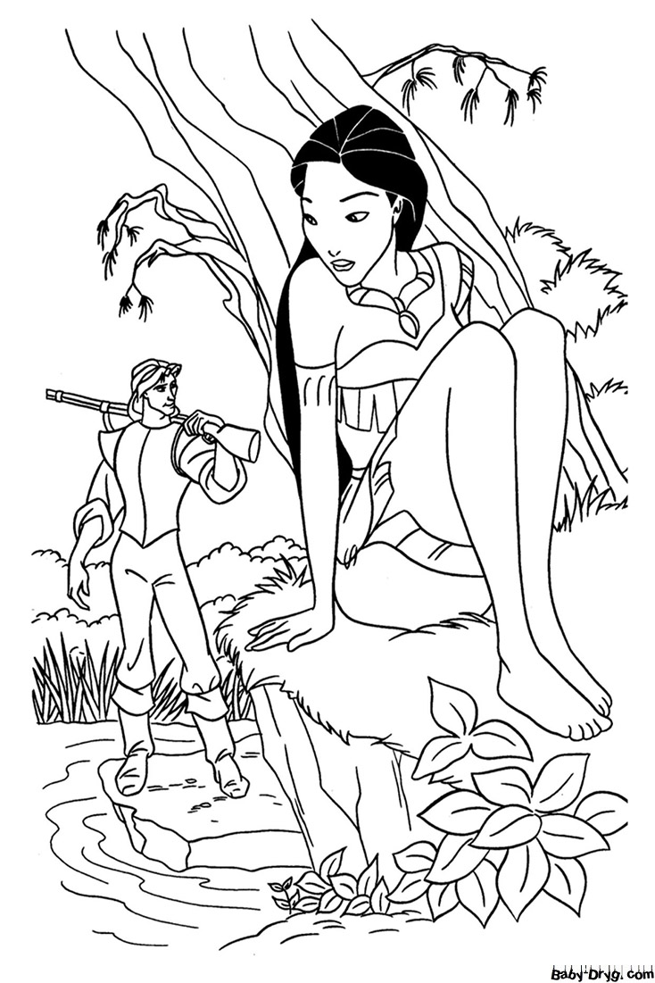 Coloring page Pocahontas saw the captain | Coloring Princess