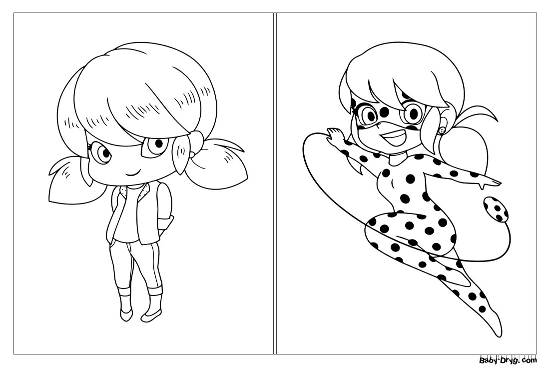 Coloring page Postcard of Marinette and Ladybug | Coloring Ladybug and Cat Noir