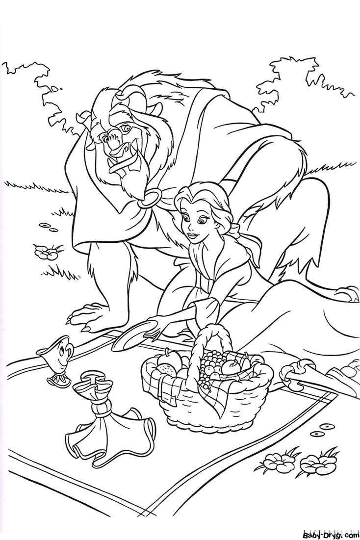Coloring page Princess and the Beast at the Picnic | Coloring Princess