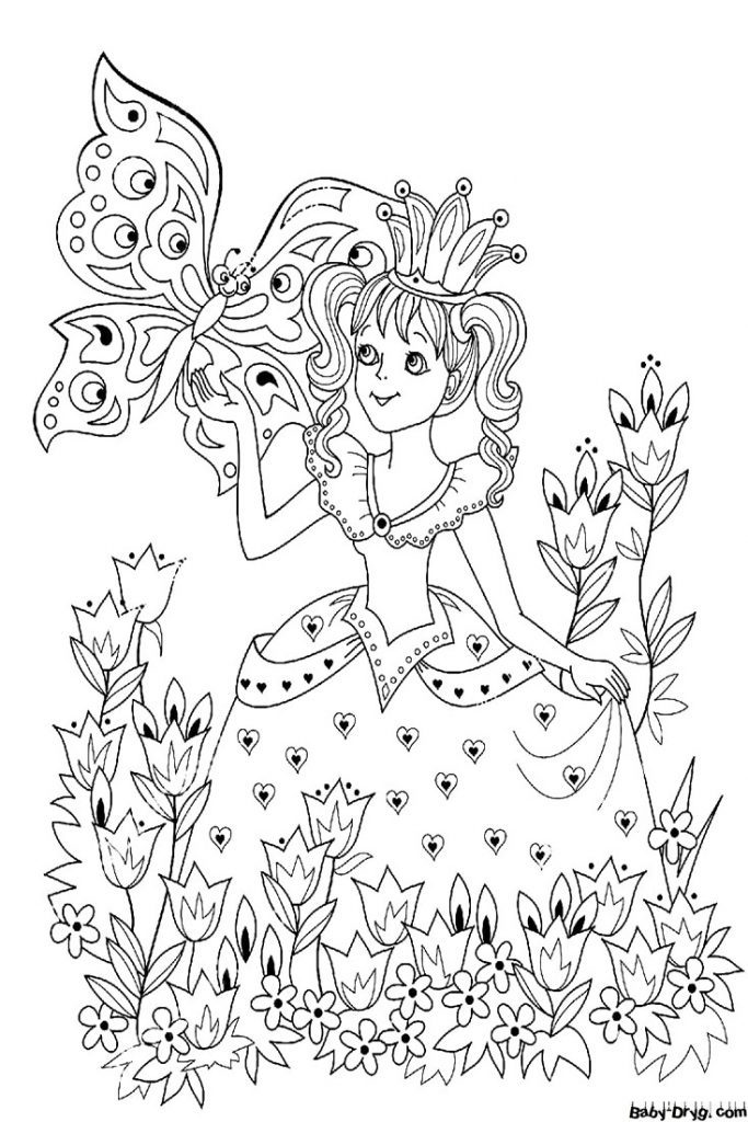 Coloring page Princess and the big butterfly | Coloring Princess