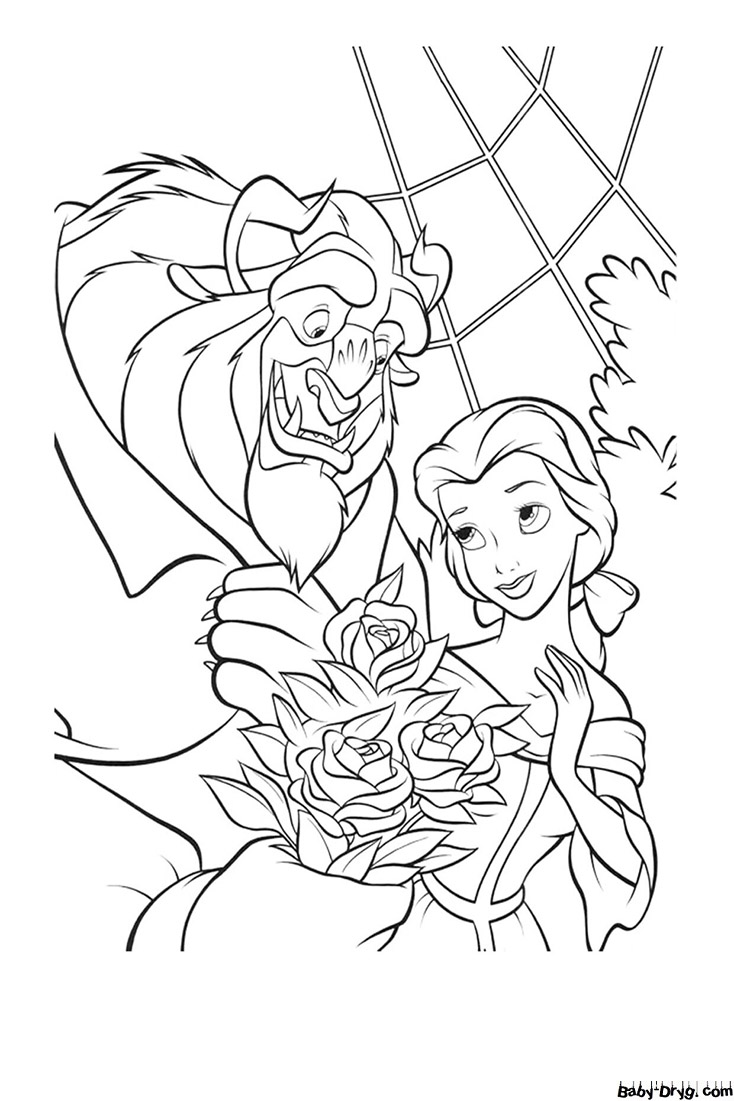 Coloring page Princess, Beast and Bouquet of Roses | Coloring Princess