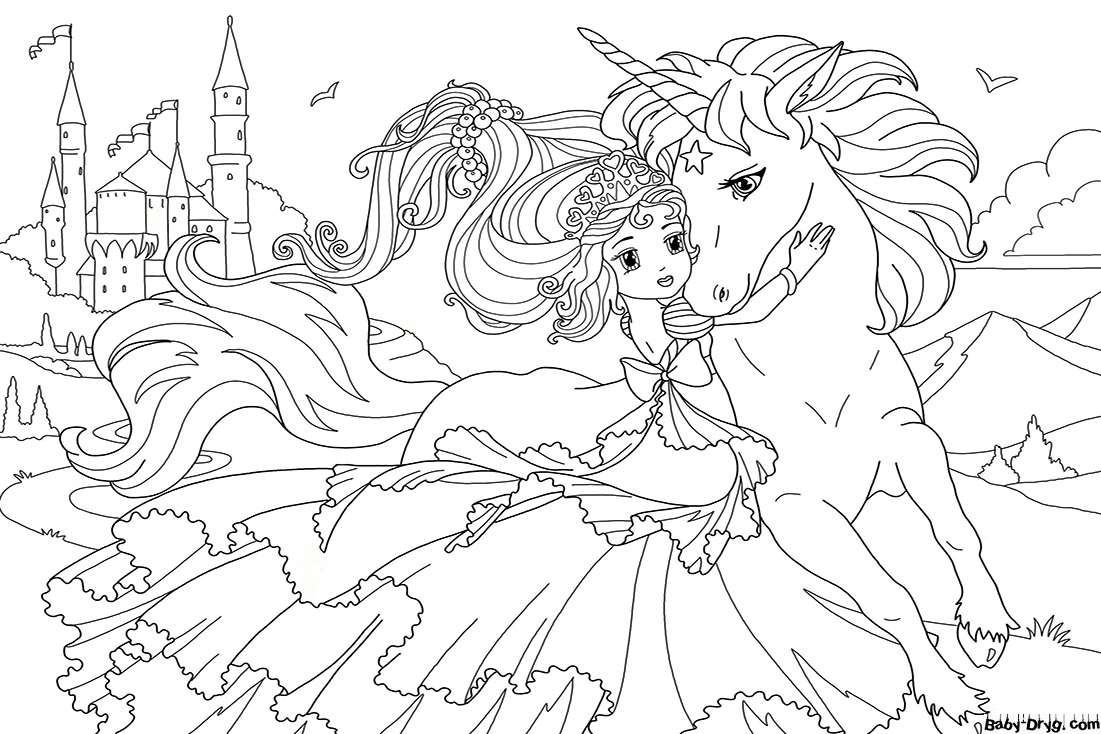 Coloring page Princess hugs unicorn | Coloring Princess