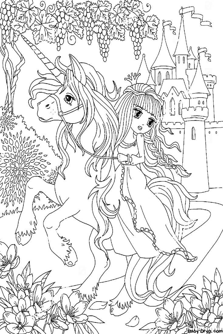 Coloring page Princess rides a unicorn | Coloring Princess