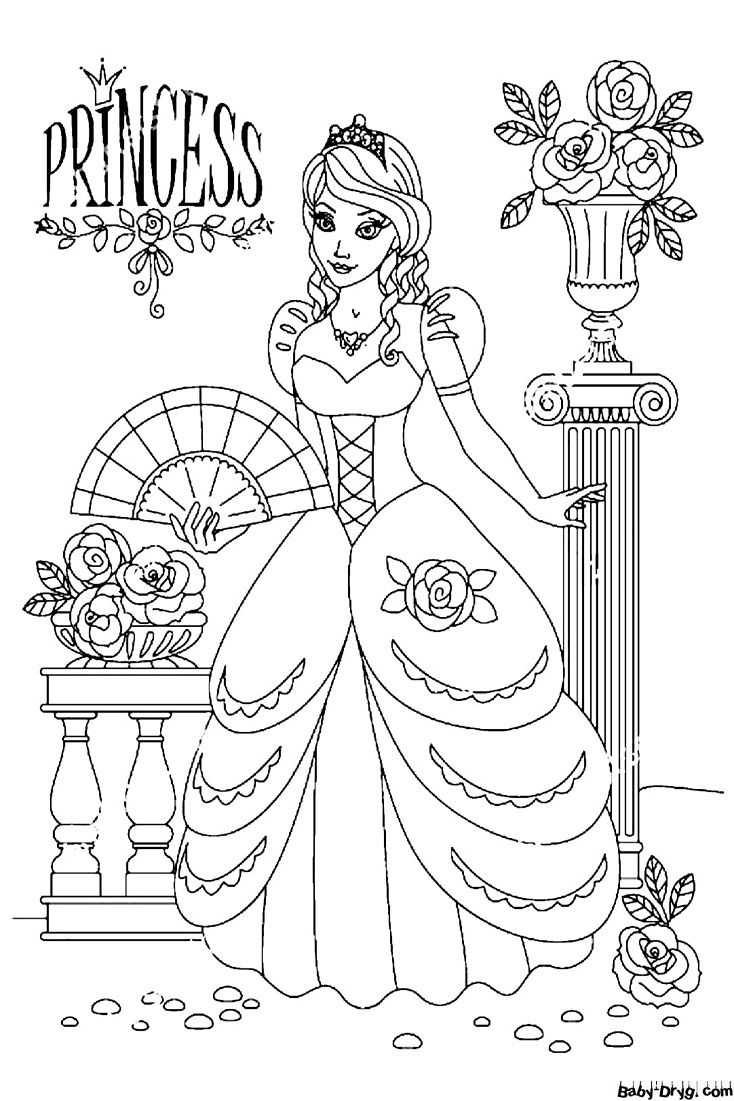 Coloring page Princess with a fan | Coloring Princess