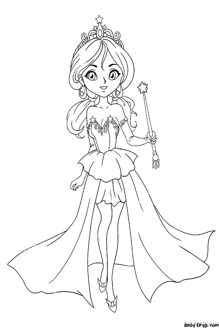 Coloring page Princess with a magic wand | Coloring Princess
