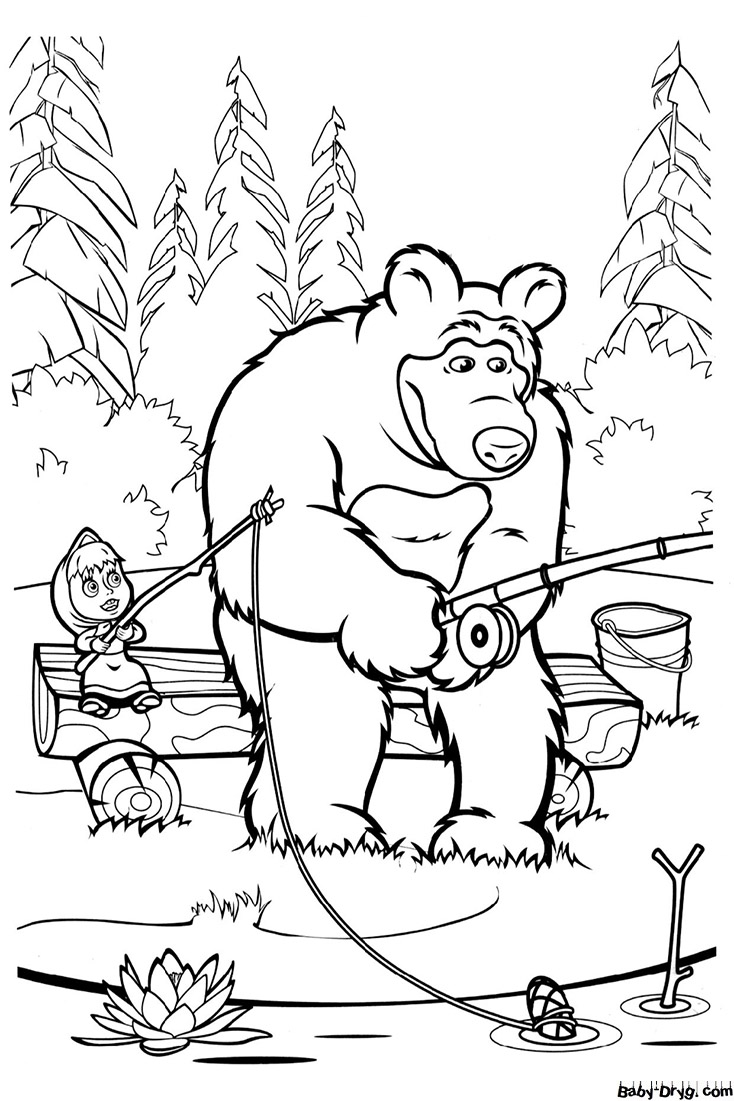 Coloring page Sad Misha and Masha on fishing | Coloring Masha and the Bear