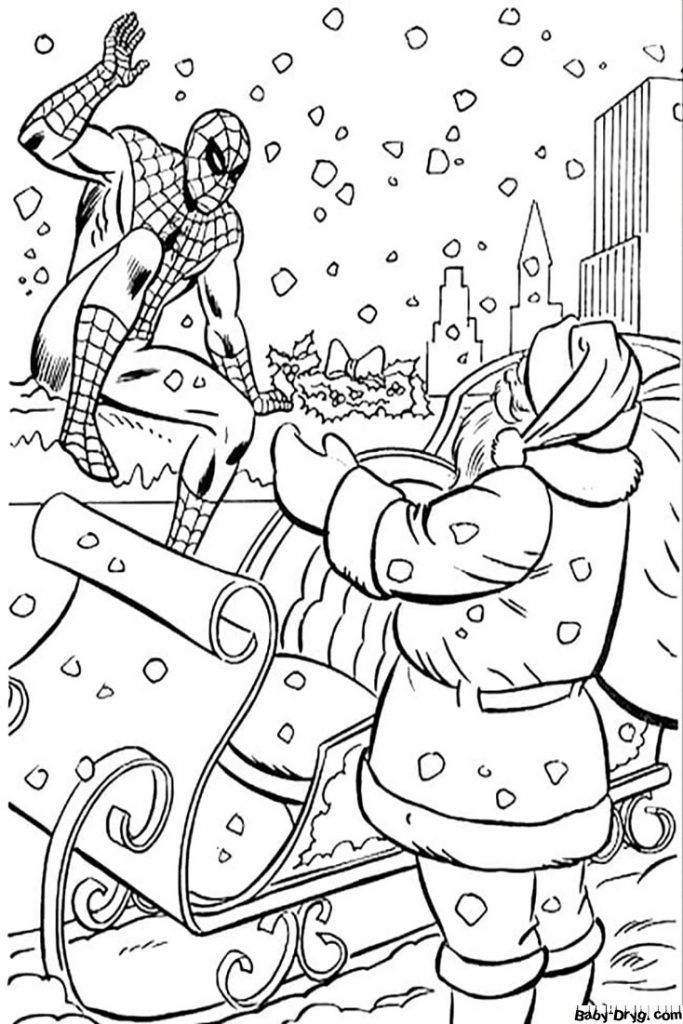 Coloring page Santa Claus congratulates Spider-Man | Coloring Spider-Man