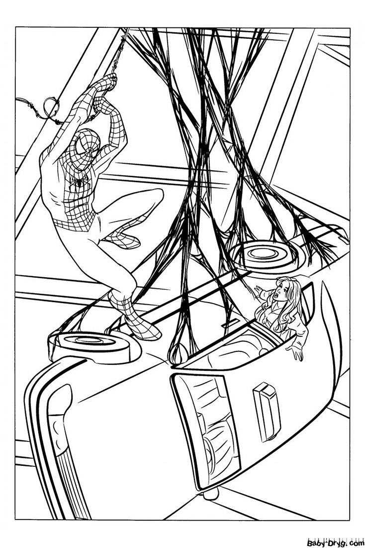 Coloring page Saving a girl from a car | Coloring Spider-Man