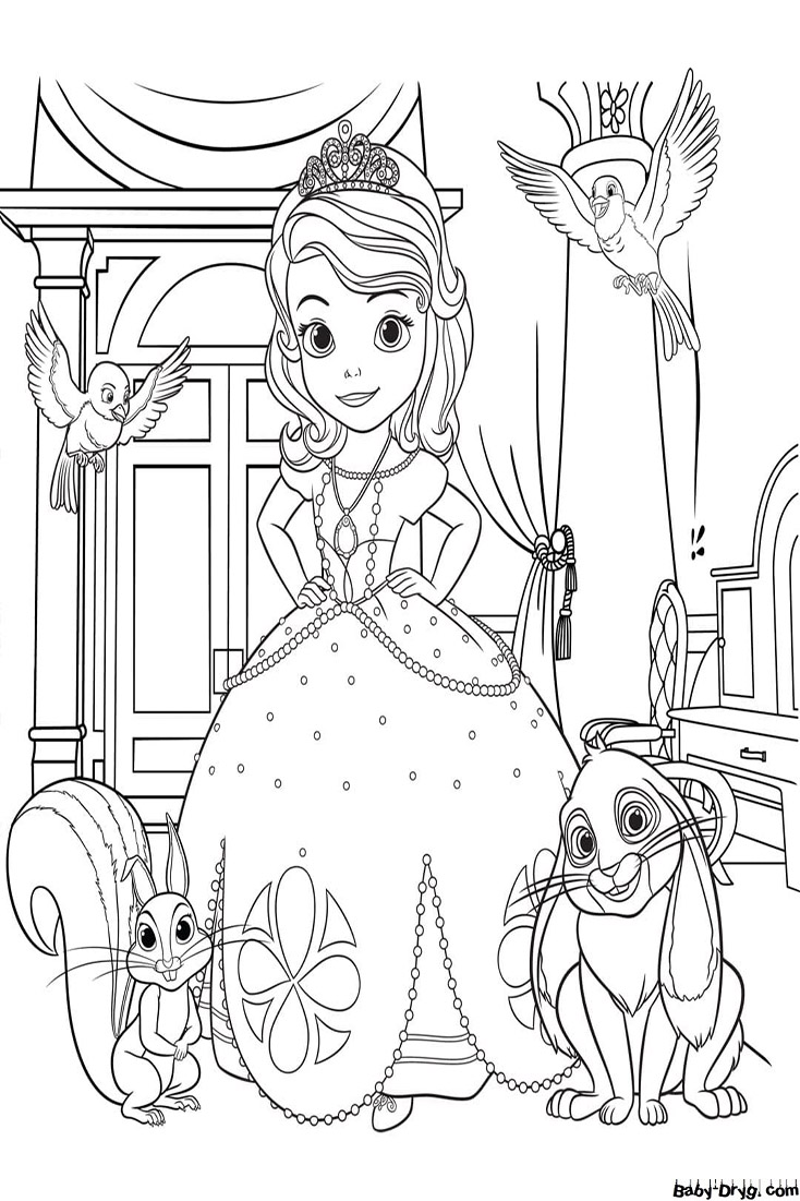 Coloring page Sophia and her pets | Coloring Princess