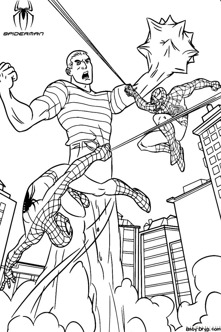 Coloring page Spider-Man attacks enemies | Coloring Spider-Man