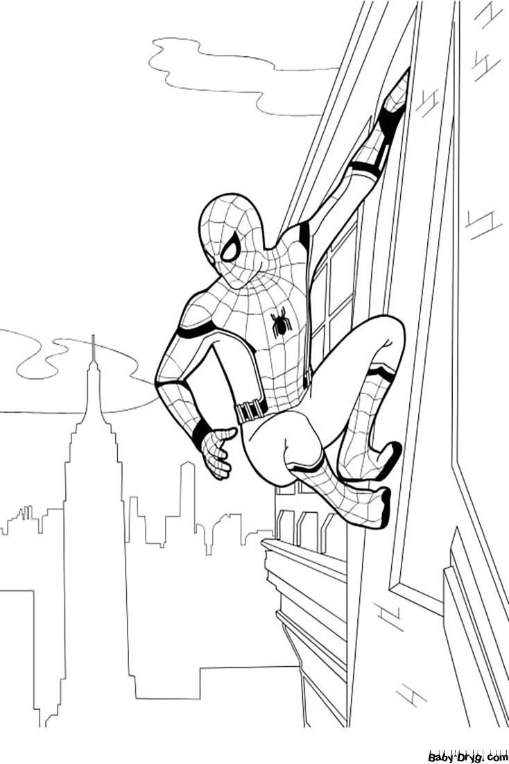 Coloring page Spider-Man looks at the city | Coloring Spider-Man