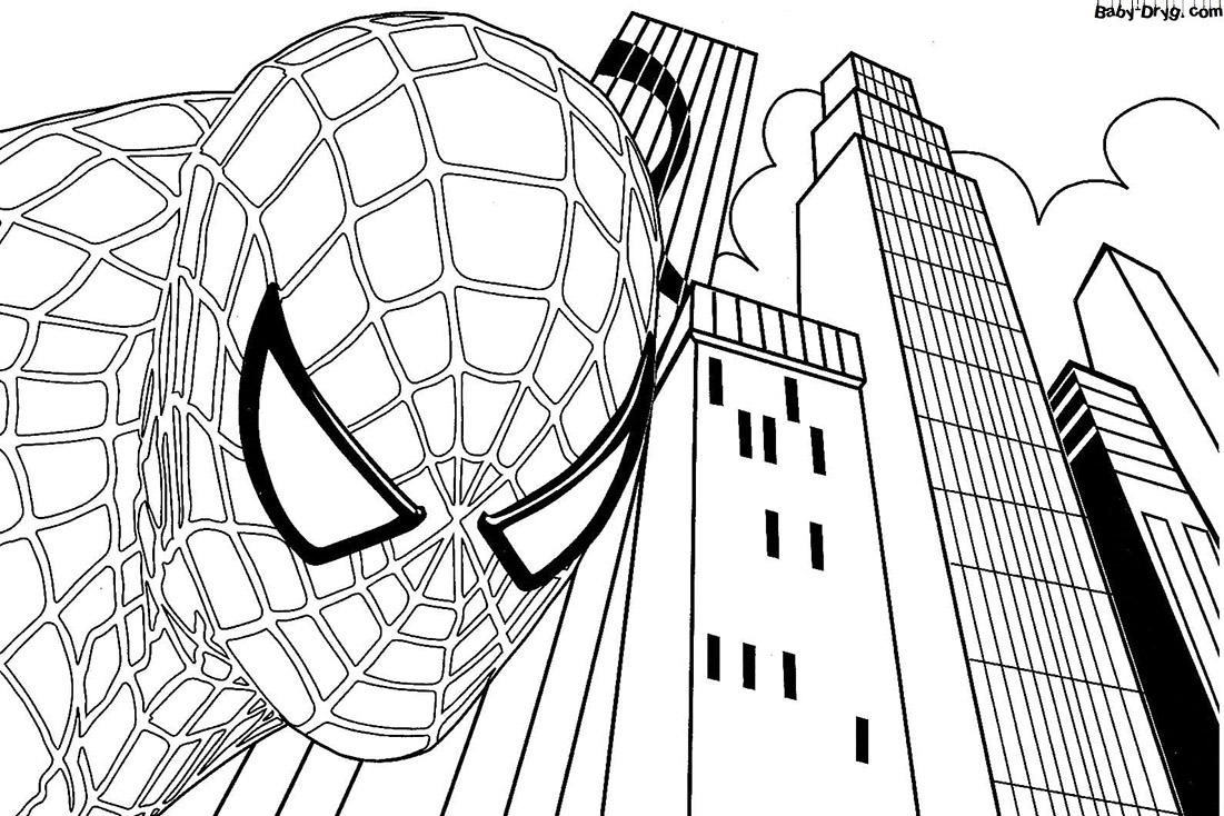 Coloring page Spider-Man on the background of New York | Coloring Spider-Man