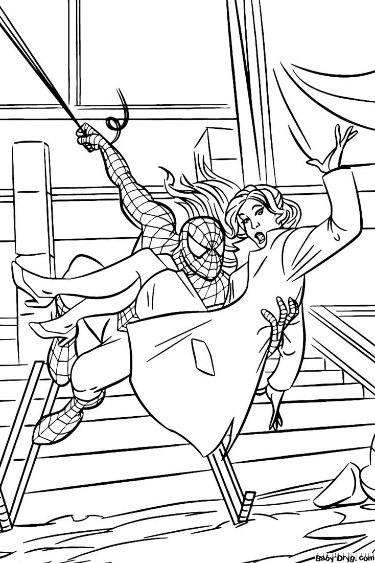 Coloring page Spider-Man saved the girl | Coloring Spider-Man