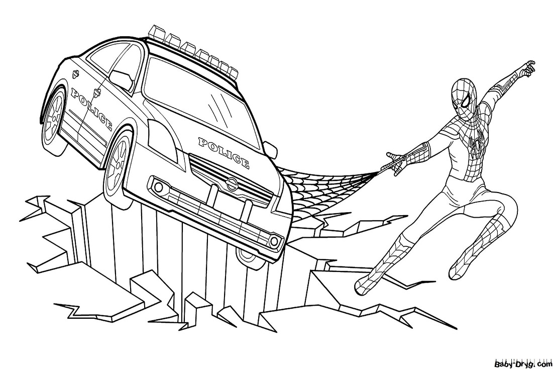 Coloring page Spider-Man saves the police car | Coloring Spider-Man